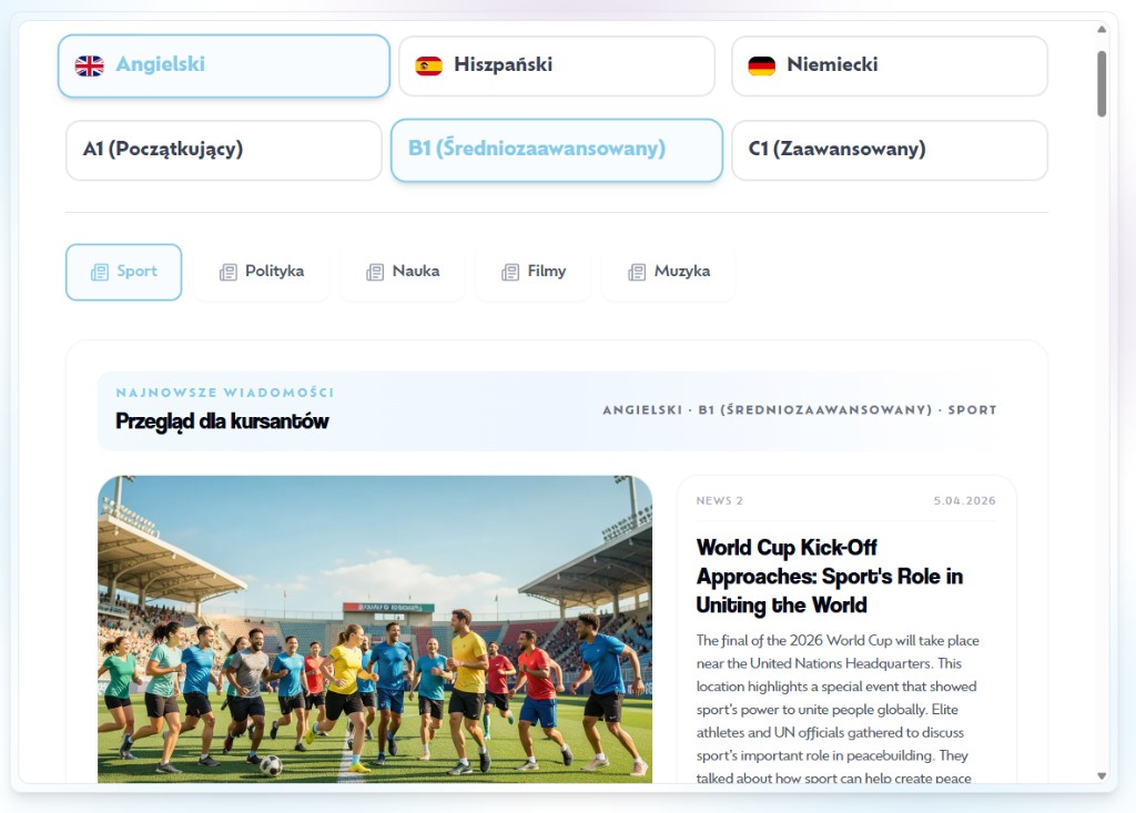 Widok newsów w aplikacji językowej