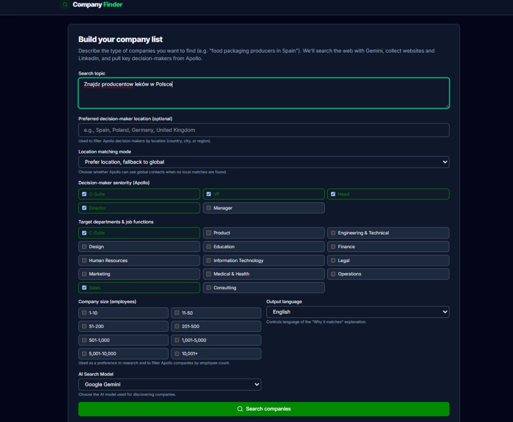 Formularz Company Finder