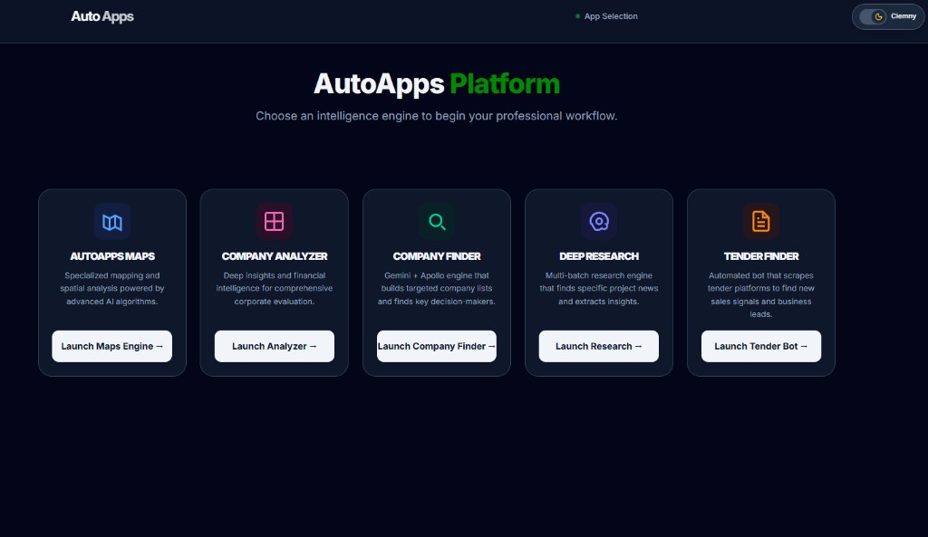 Panel wyboru aplikacji AutoApps Platform